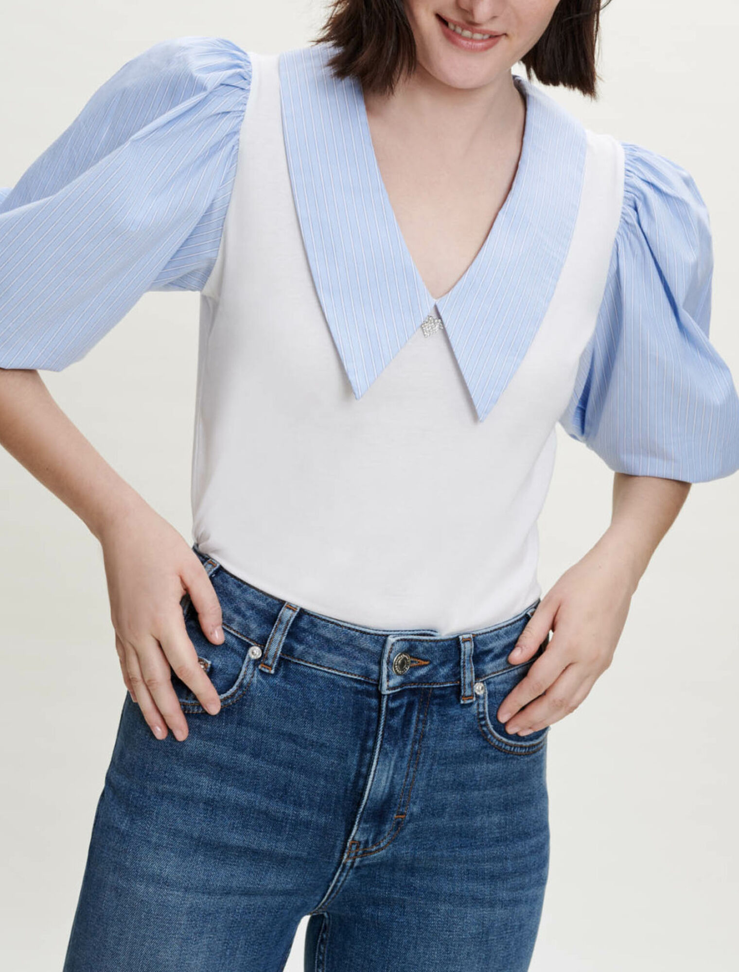 Mixed-material collar tee-shirt