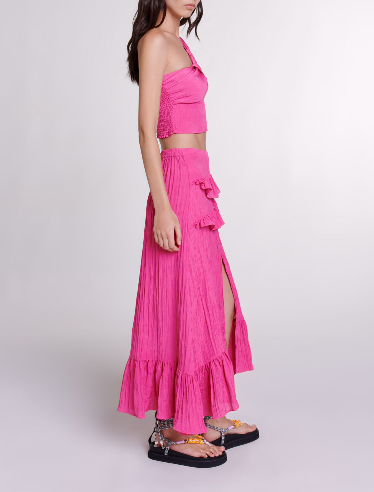 Long satin-effect crinkle skirt