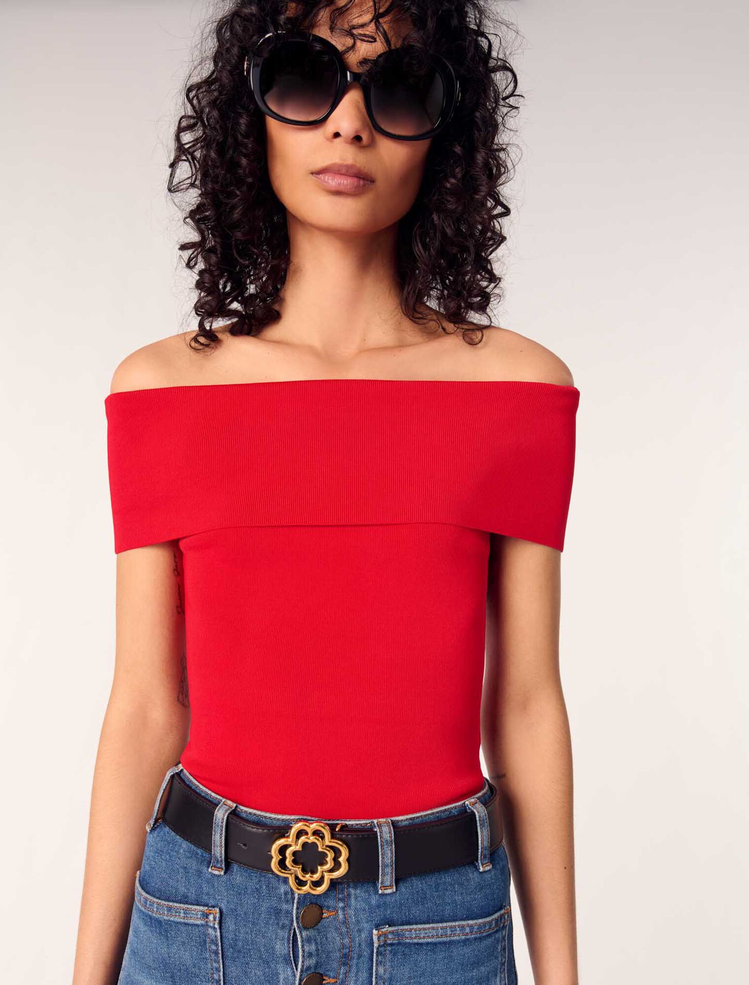 Rib knit bardot-neck top