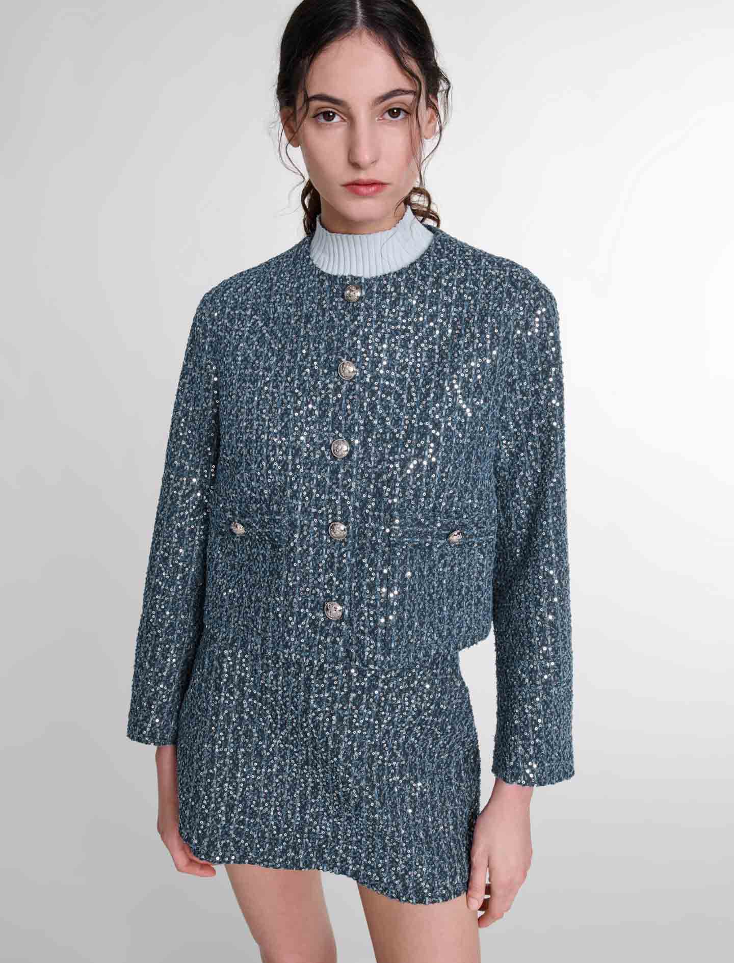 Short tweed and lurex jacket Yellow / Orange For Women | Maje