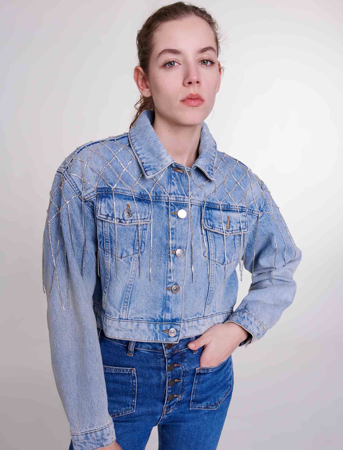 Denim jacket with rhinestones Blue For Women | Maje