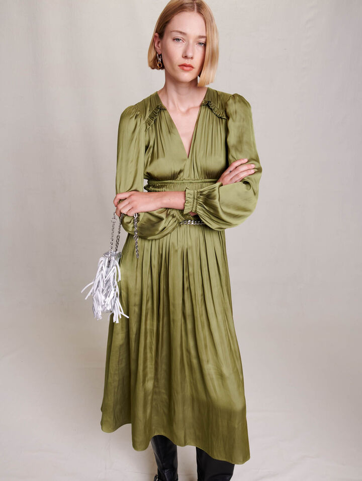 Satin-effect ruffled midi dress