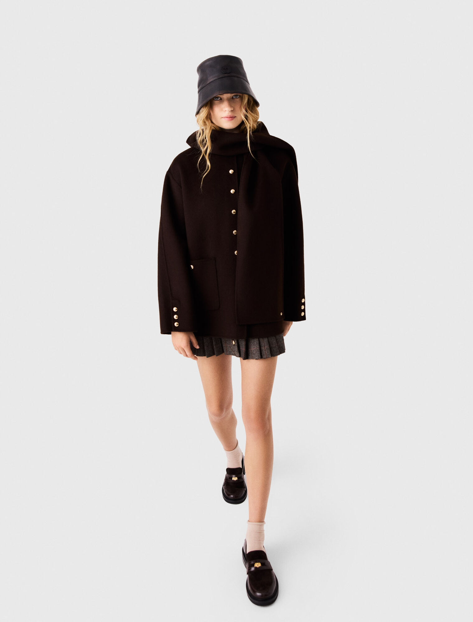 Wool coat with removable scarf
