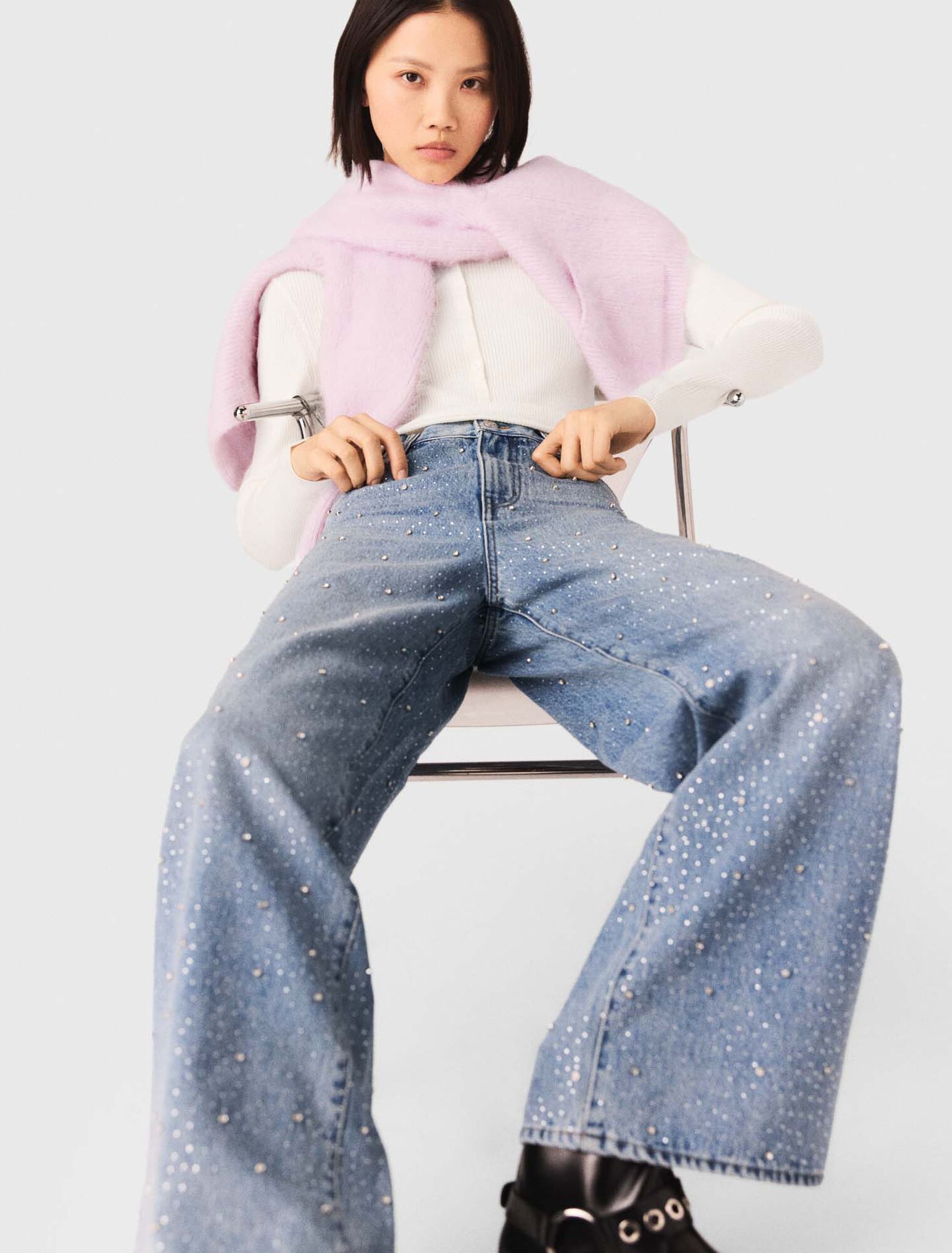 Wide-leg all-over rhinestone jeans