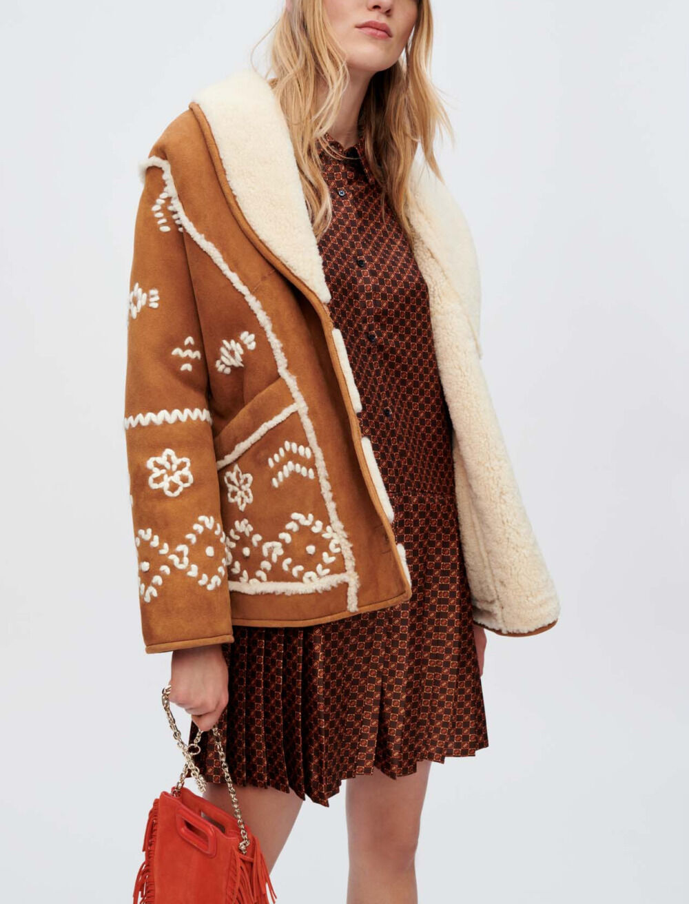 Fully embroidered shearling coat Brown For Women | Maje