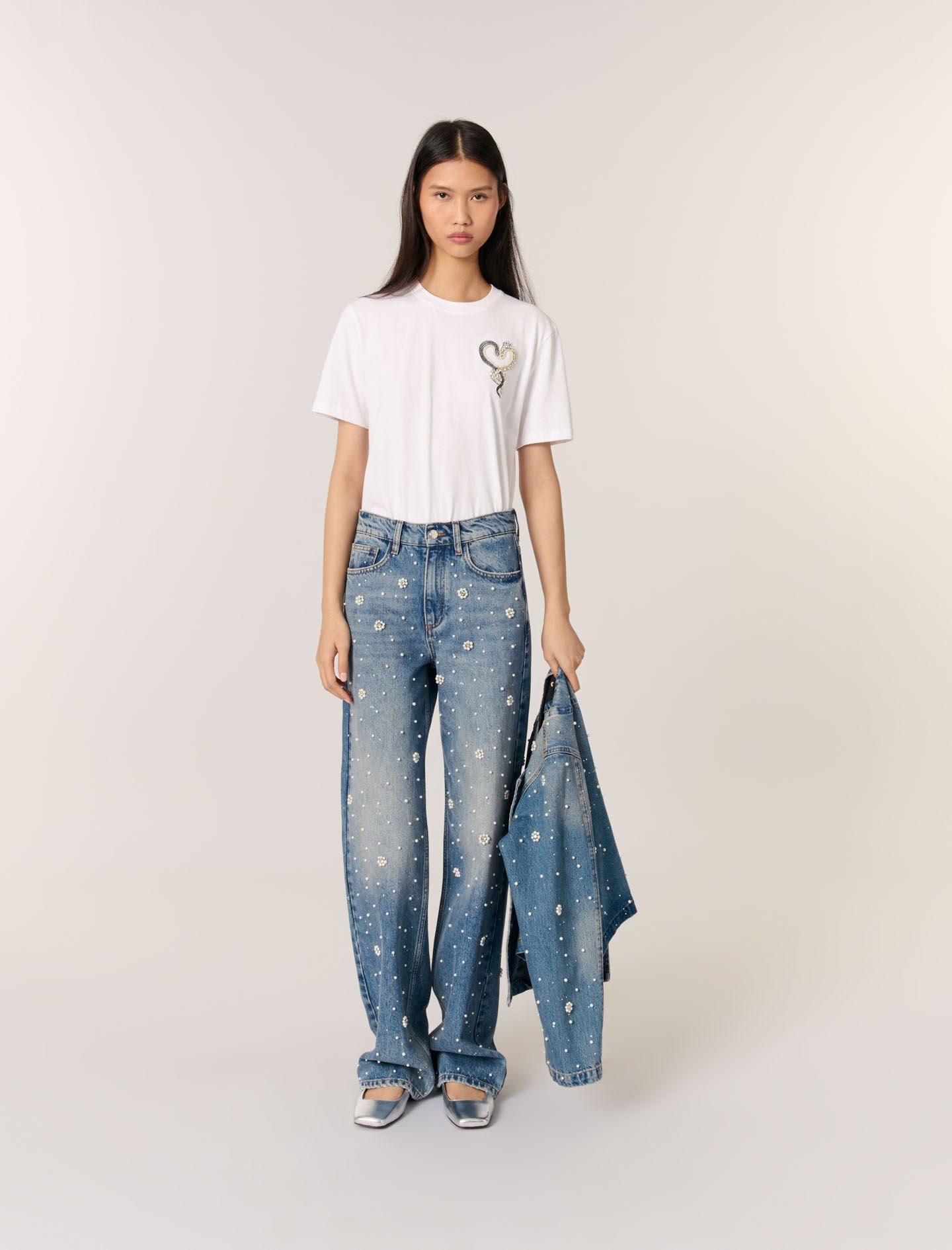 Wide-leg embroidered jeans Blue For Women | Maje