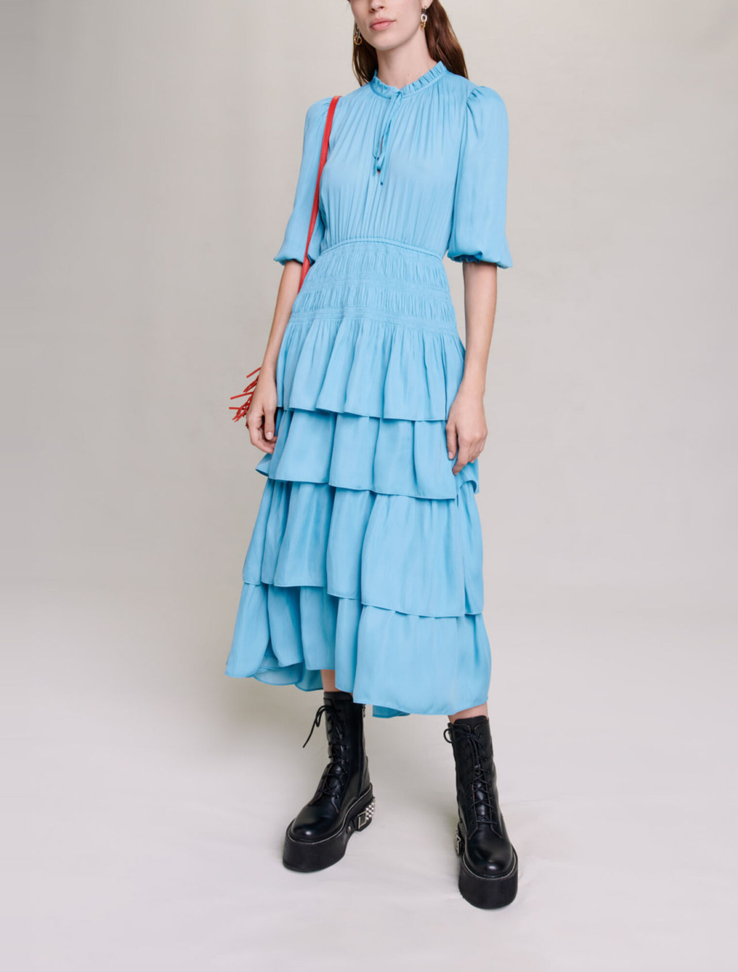 Long satiny dress with ruffles
