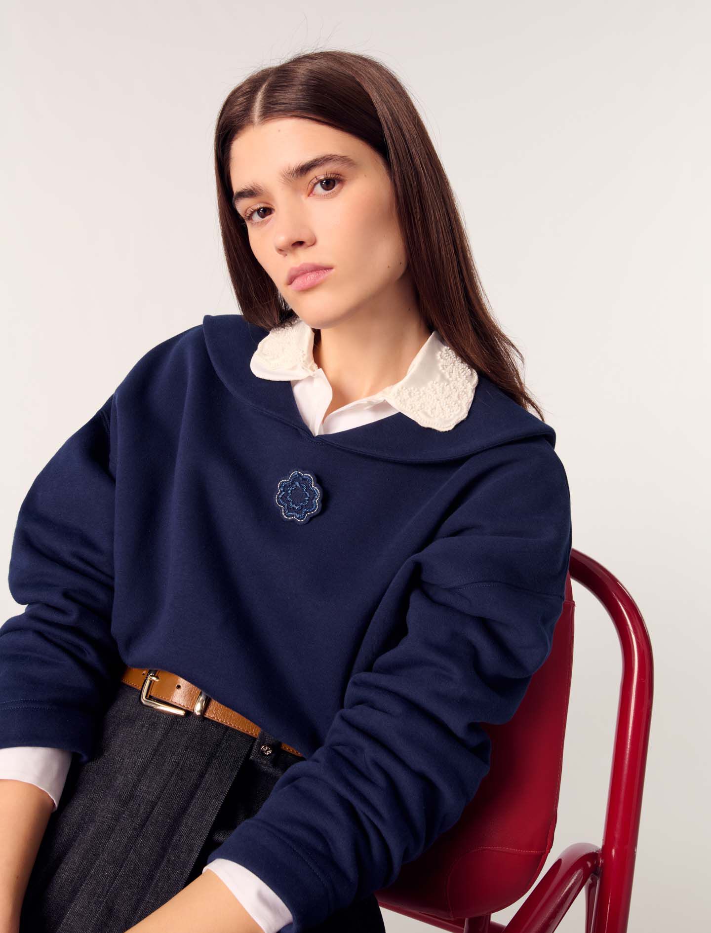 Short sweater with embroidery Blue For Women | Maje