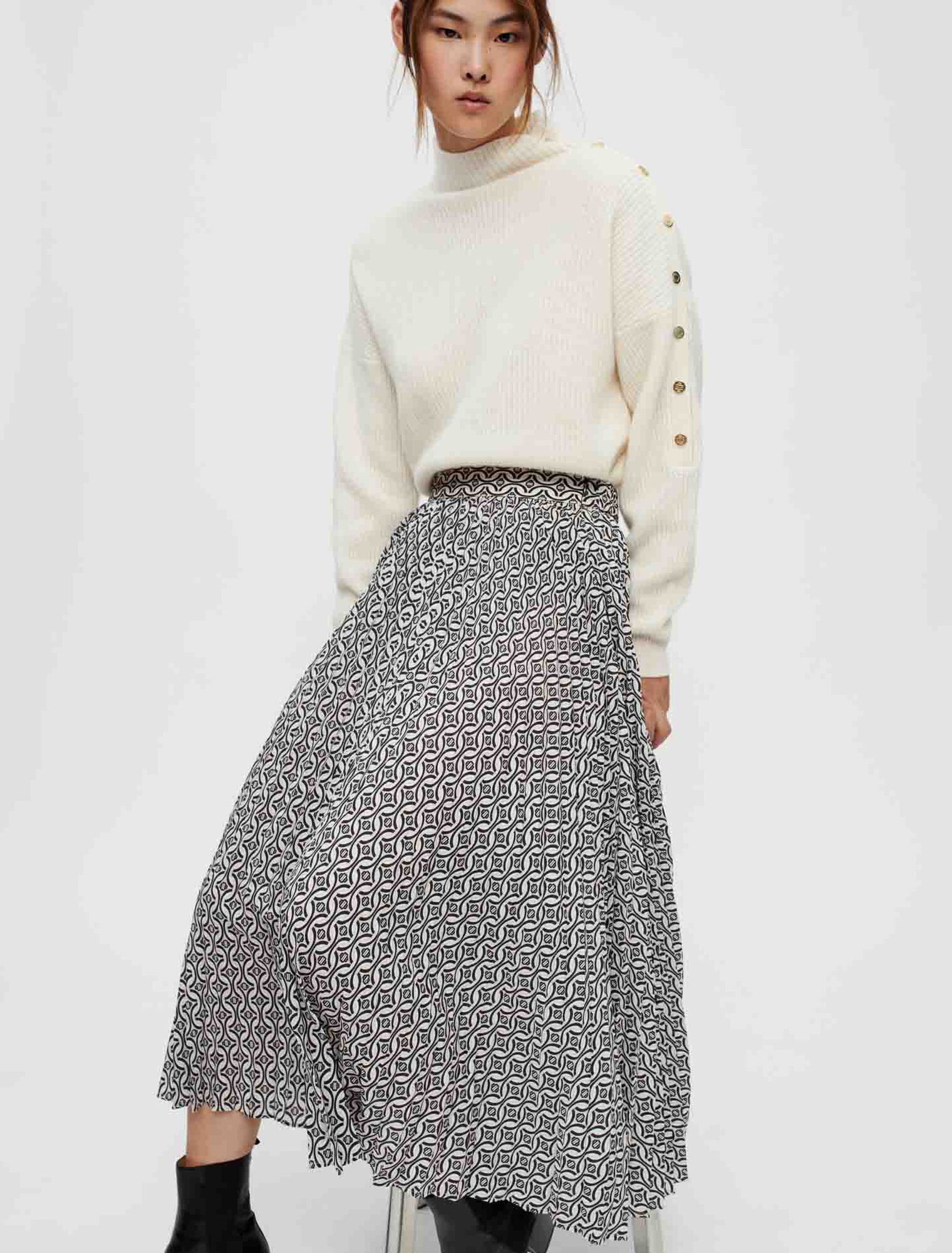 Printed, pleated midi skirt
