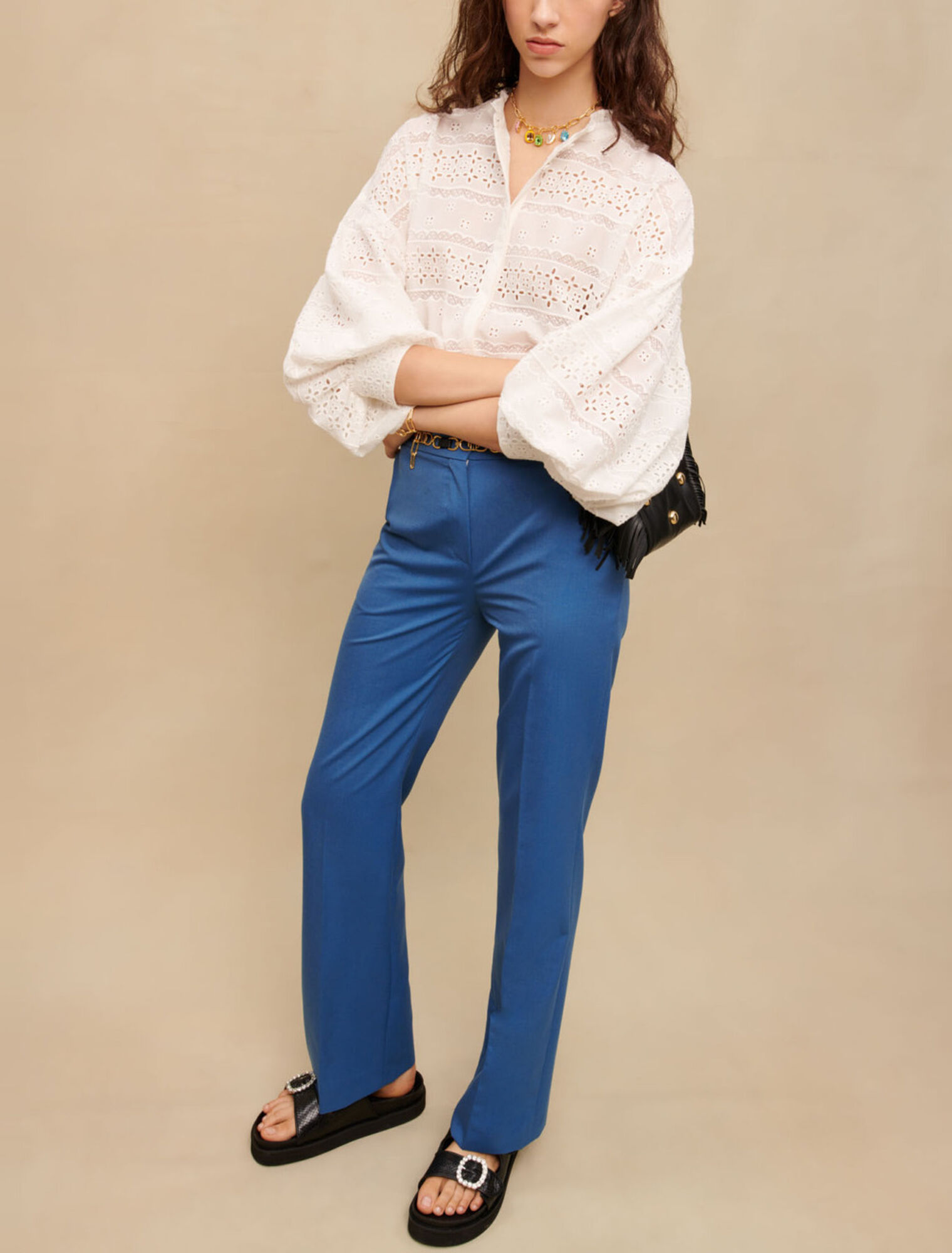 Blue straight-cut tailored trousers