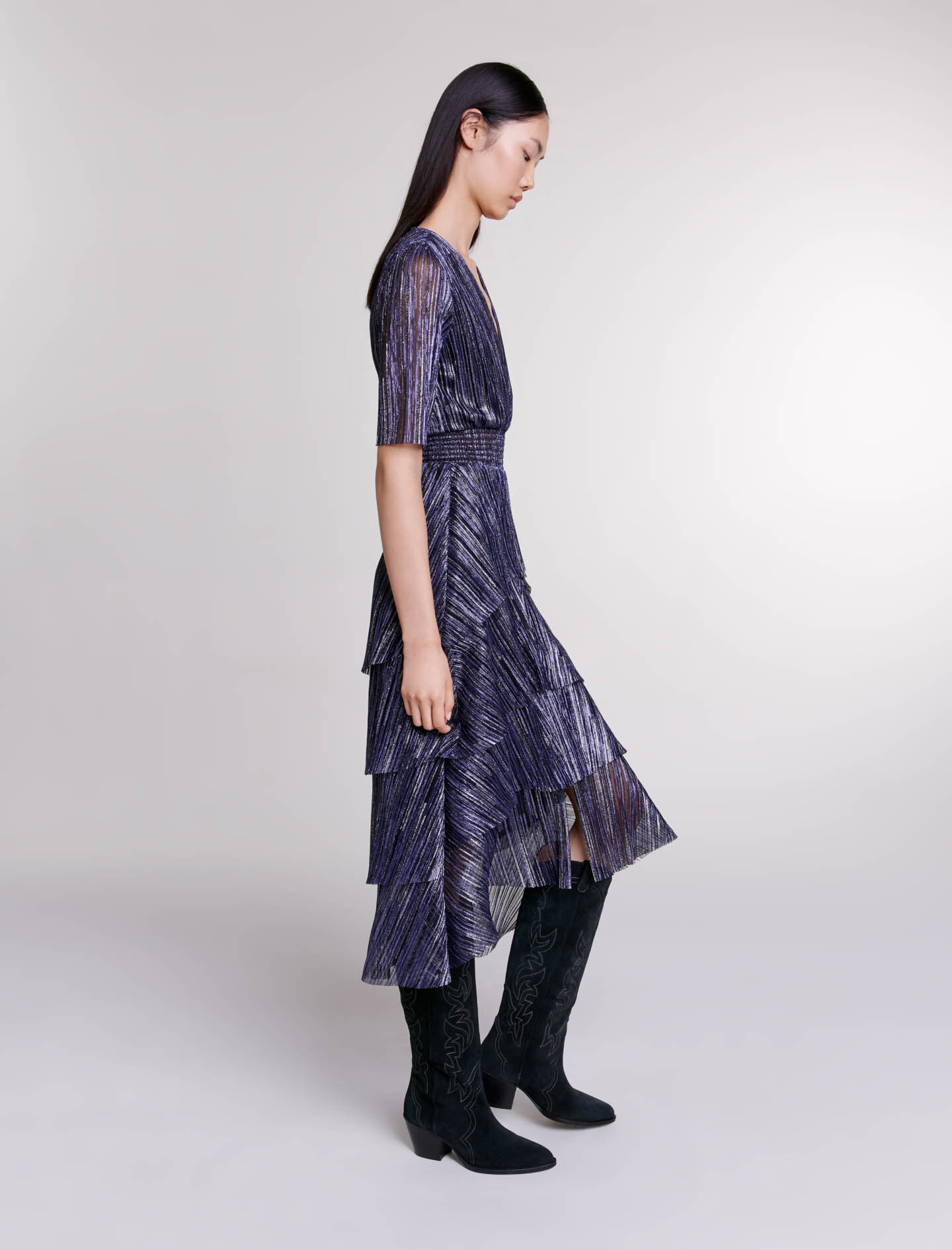 Full lamé dress with ruffles Blue For Women | Maje