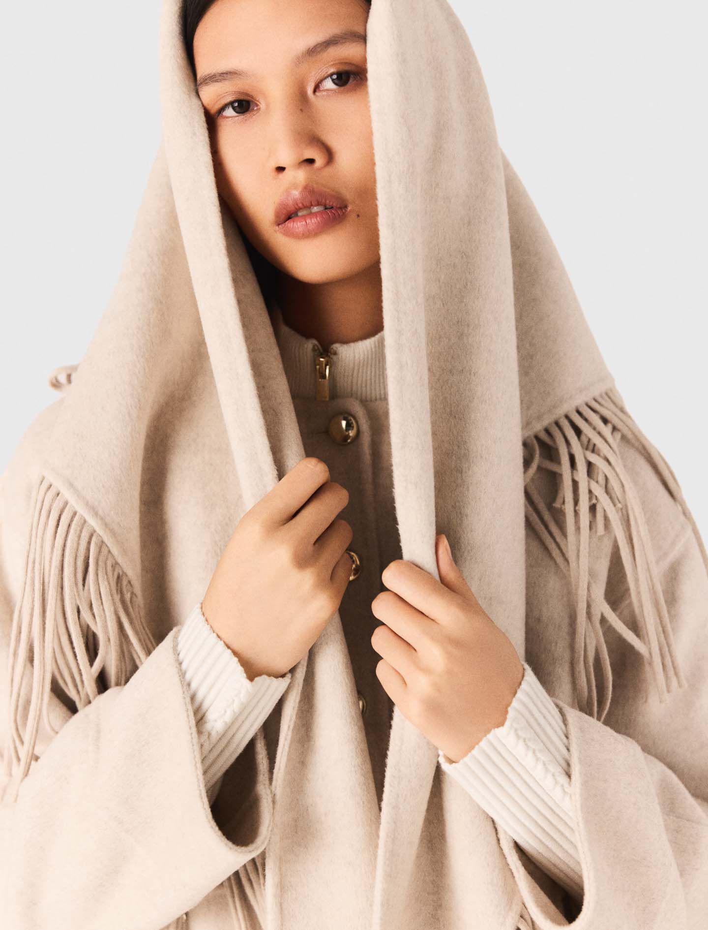 Cropped wool coat with removable scarf White For Women | Maje