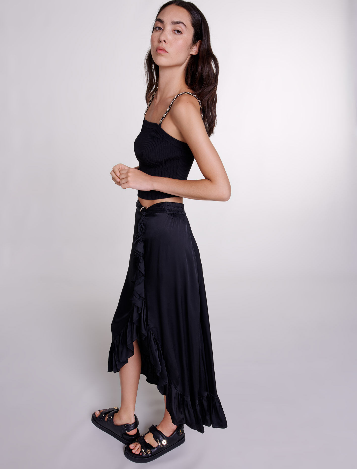 【I AM MARI】Posh Pin Tuck Flare Banding Long Skirt Black Chiffon Maxi Skirt Women, Swing Full Circle Skirt