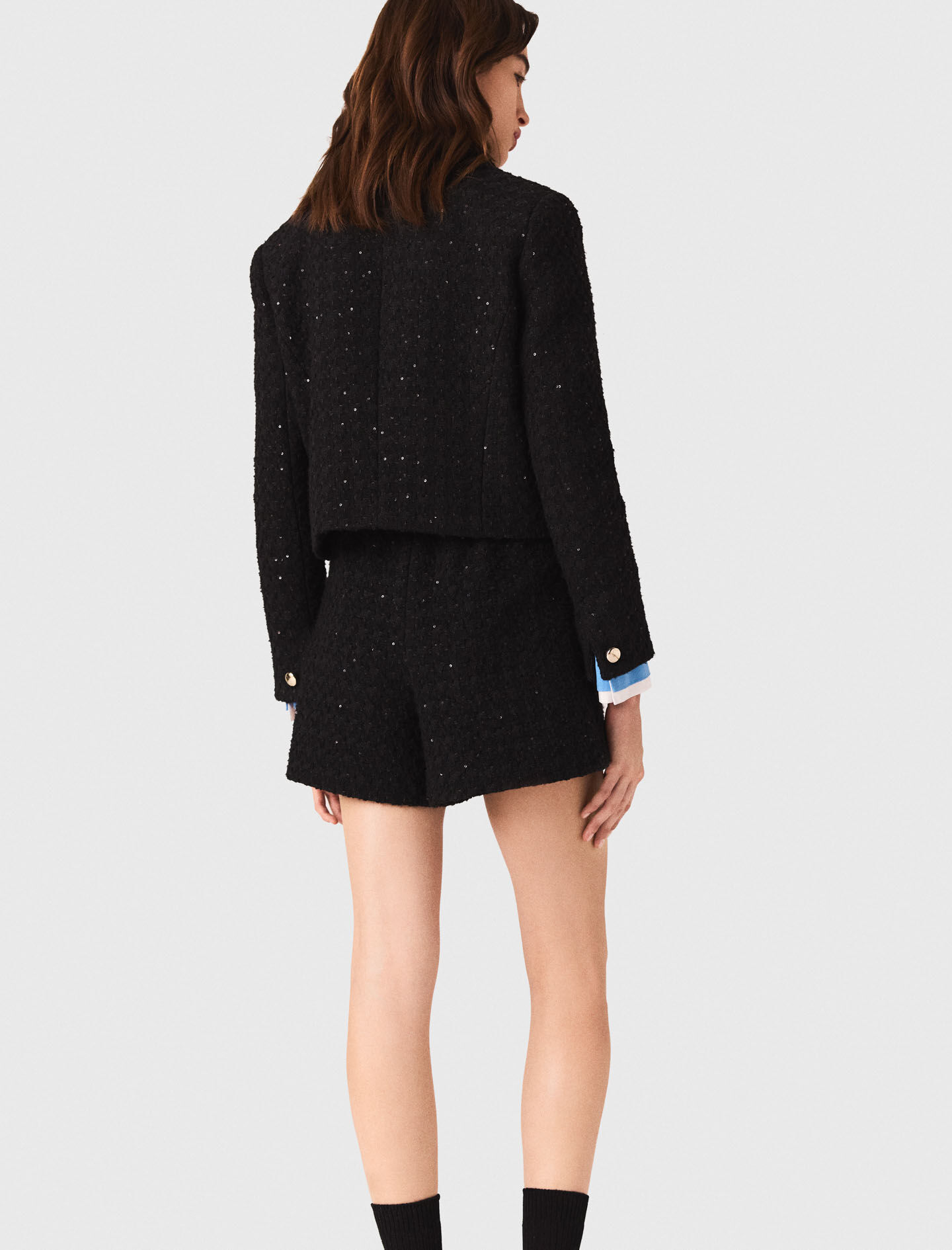 Short rhinestone tweed jacket Black / Gray For Women | Maje