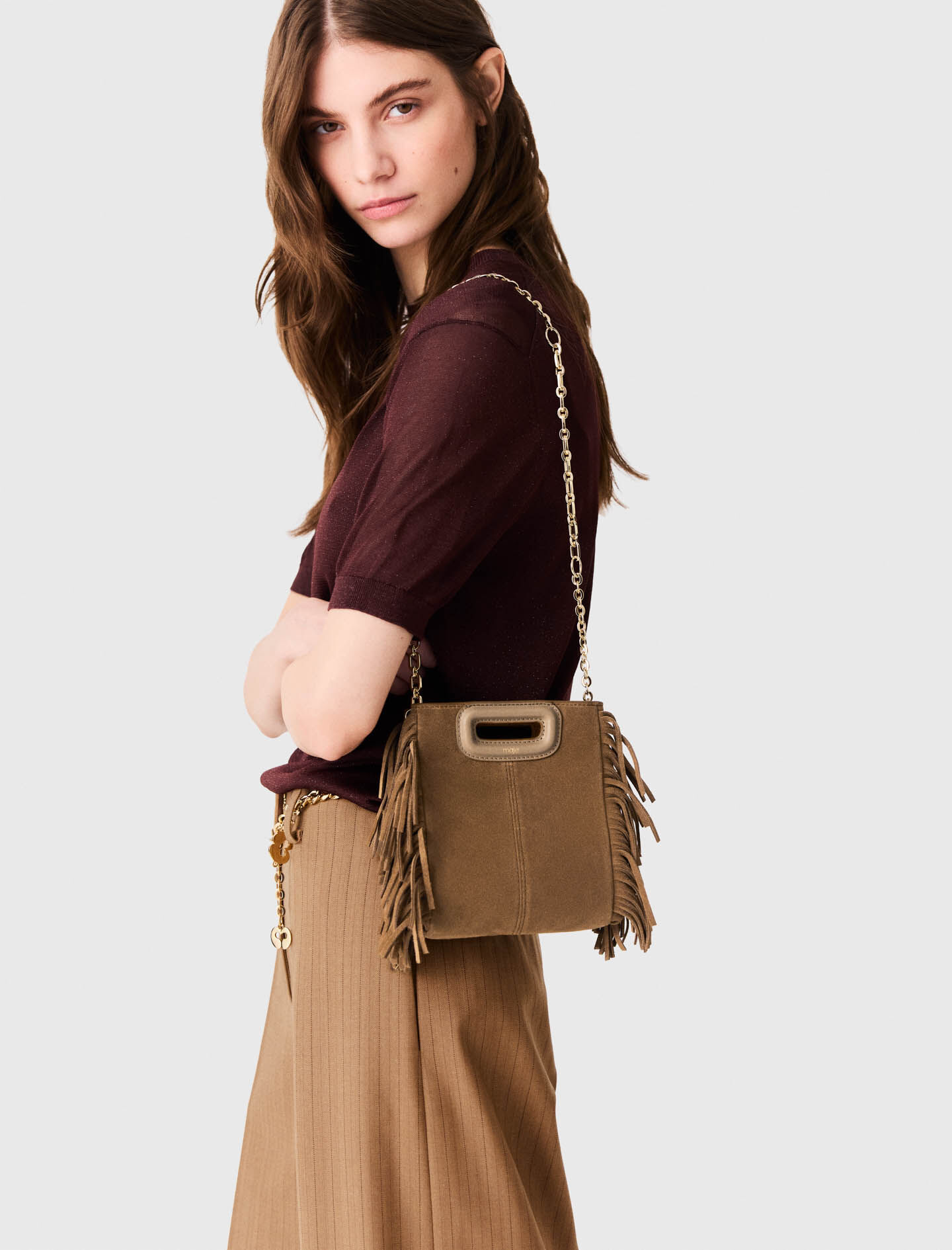 M mini bag in suede leather Brown For Women | Maje
