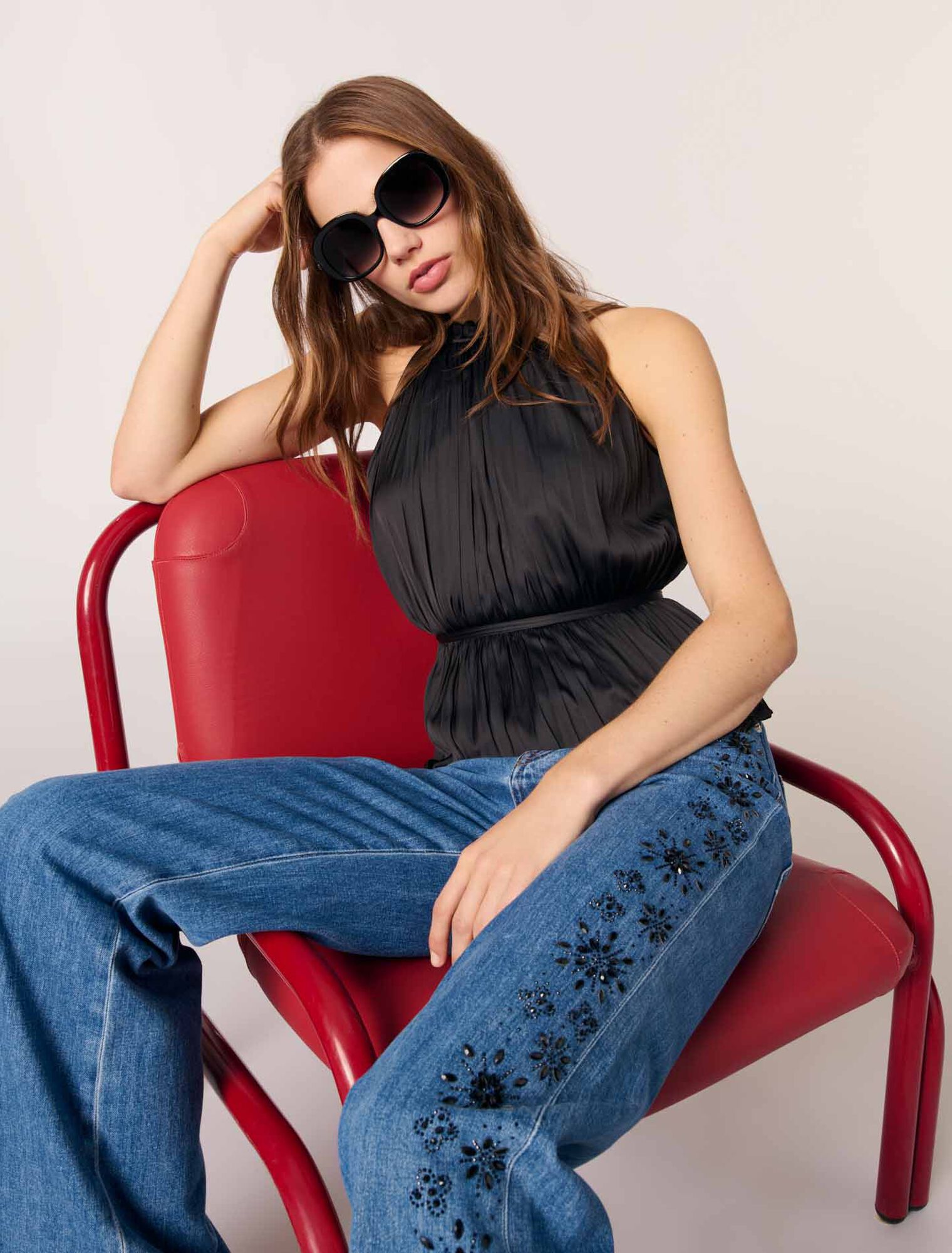 Pleated satin halter top