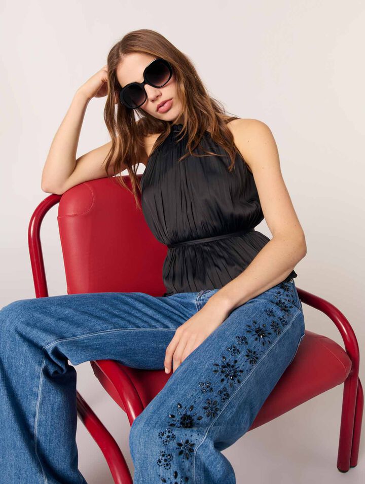Pleated satin halter top