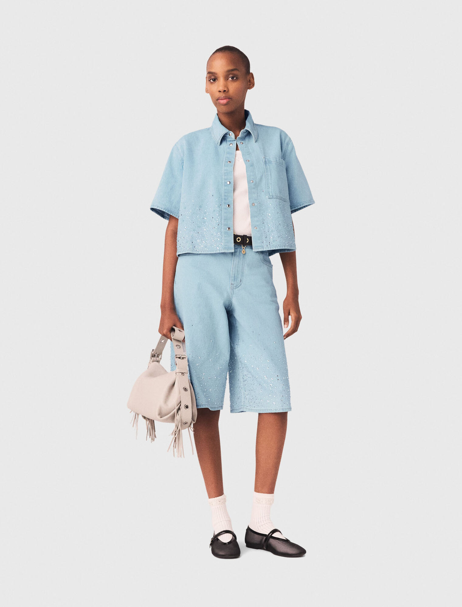 Cropped rhinestone denim shirt