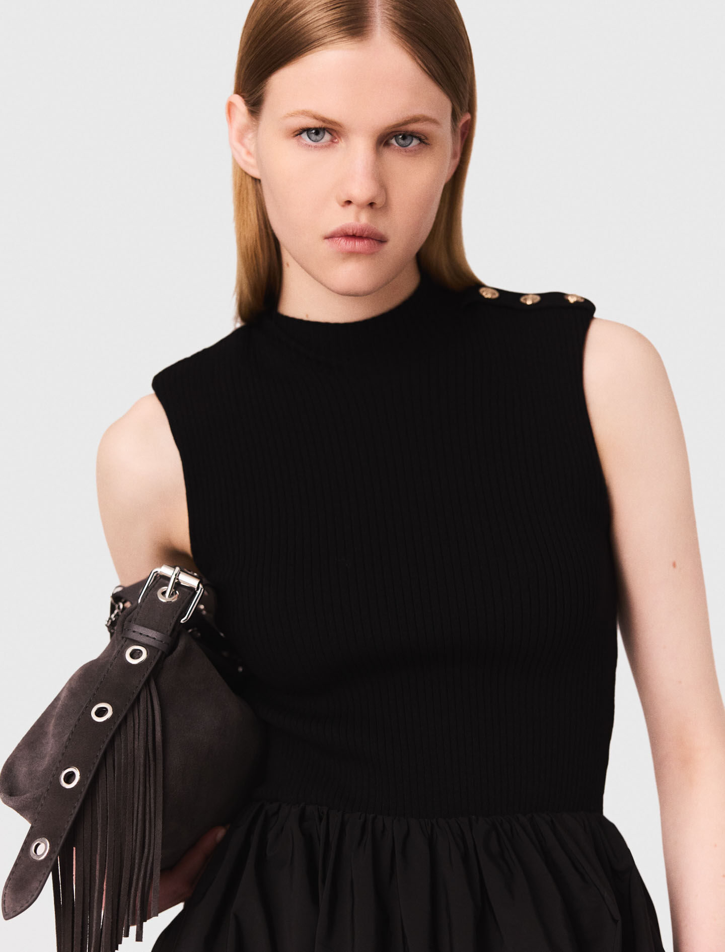 Mini ribbed knit and taffeta dress Black / Gray For Women | Maje