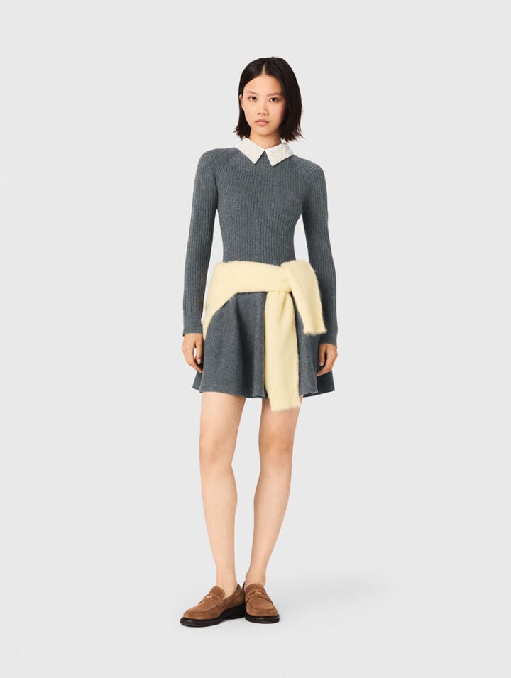 Beaded-collar short knit dress