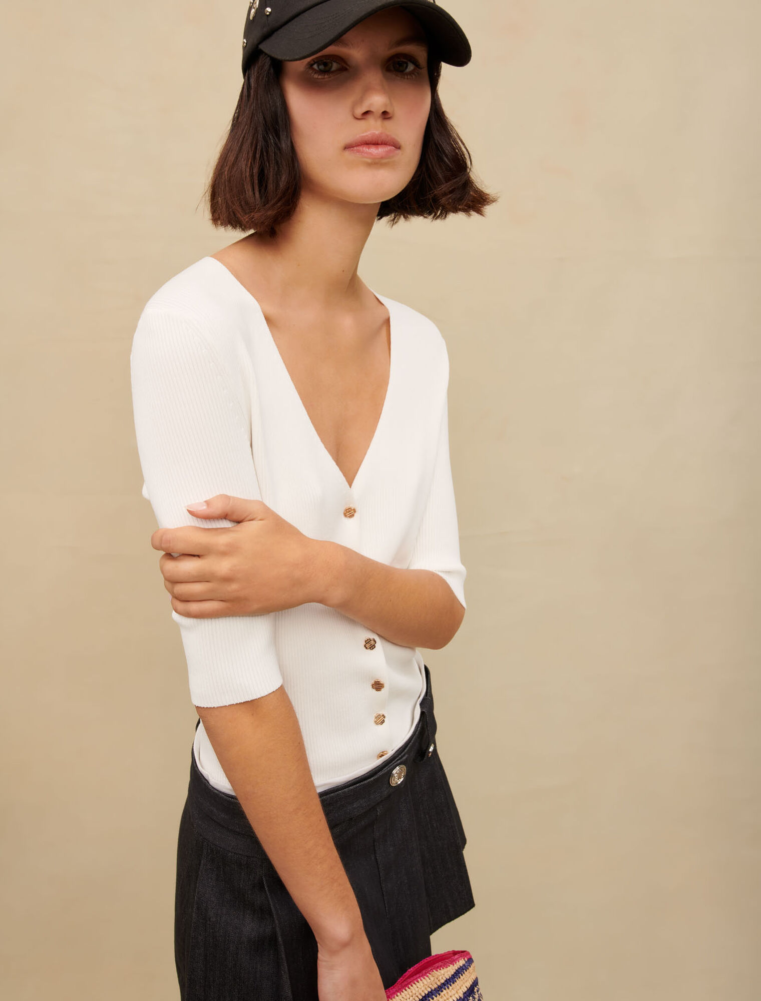 White ribbed V-neck top