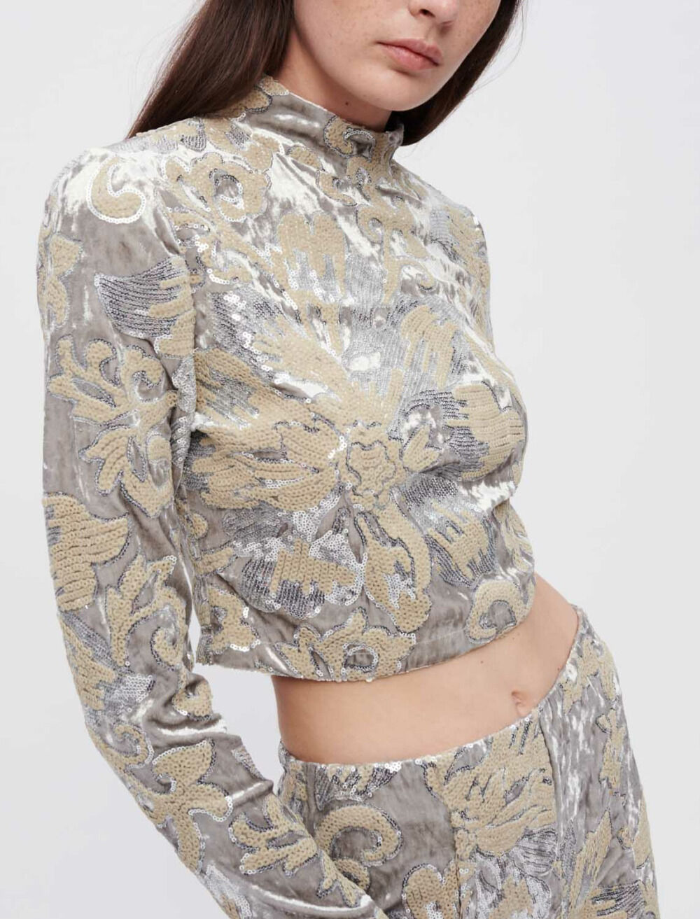 休日限定 For Gray / Black top crop velvet Sequin-embroidered Women Maje | Tops