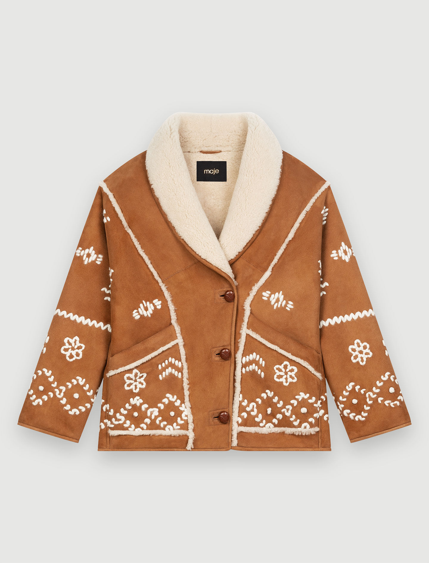 Fully embroidered shearling coat Brown For Women | Maje