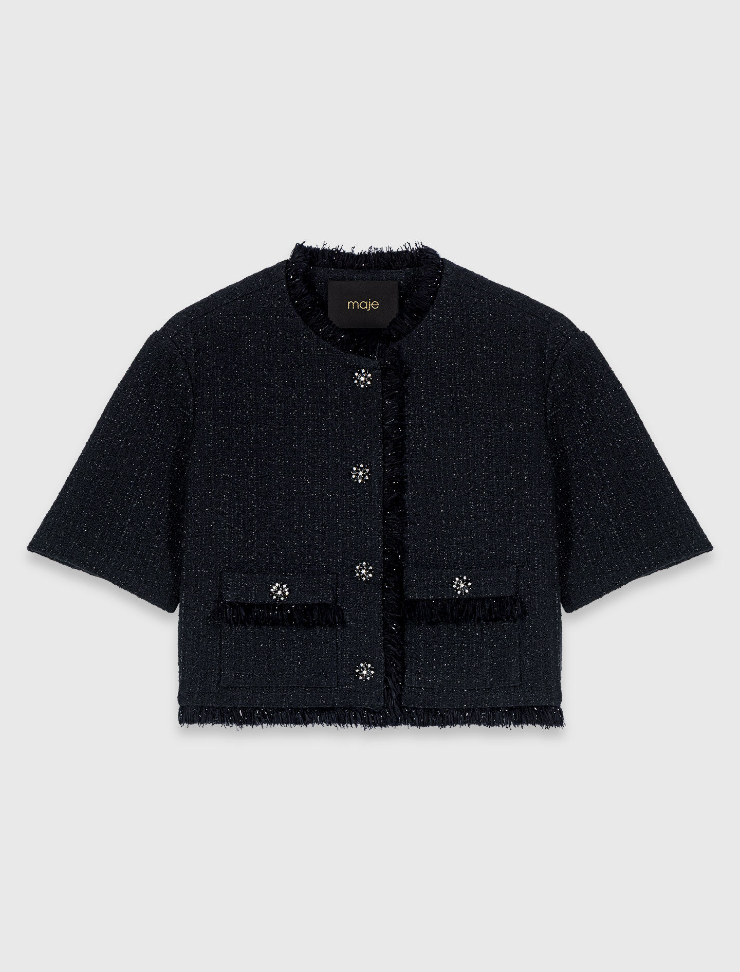 Short shiny tweed jacket Black / Gray For Women | Maje