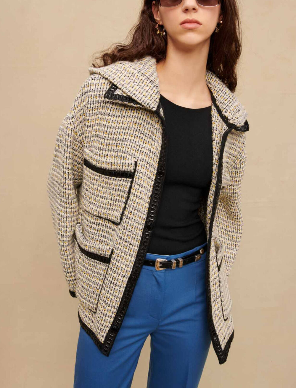 Tweed hooded coat Yellow Orange For Women Maje