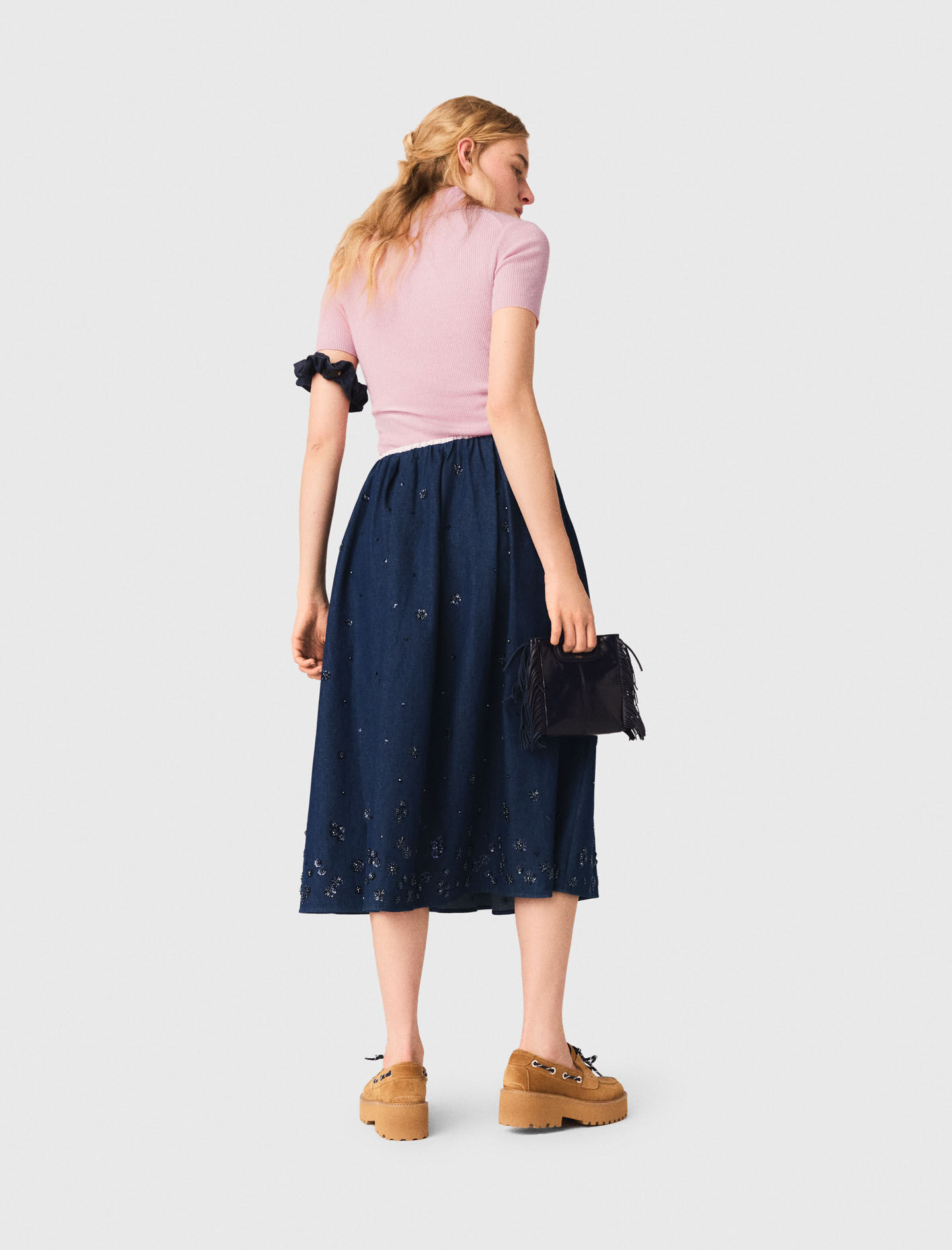 Embroidered denim midi skirt Blue For Women | Maje