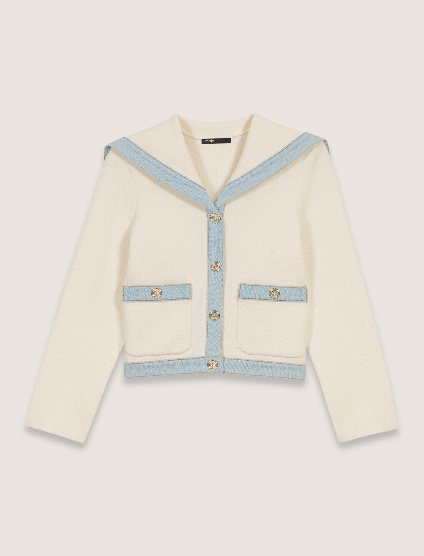 Crew-neck denim-detail cardigan White For Women | Maje