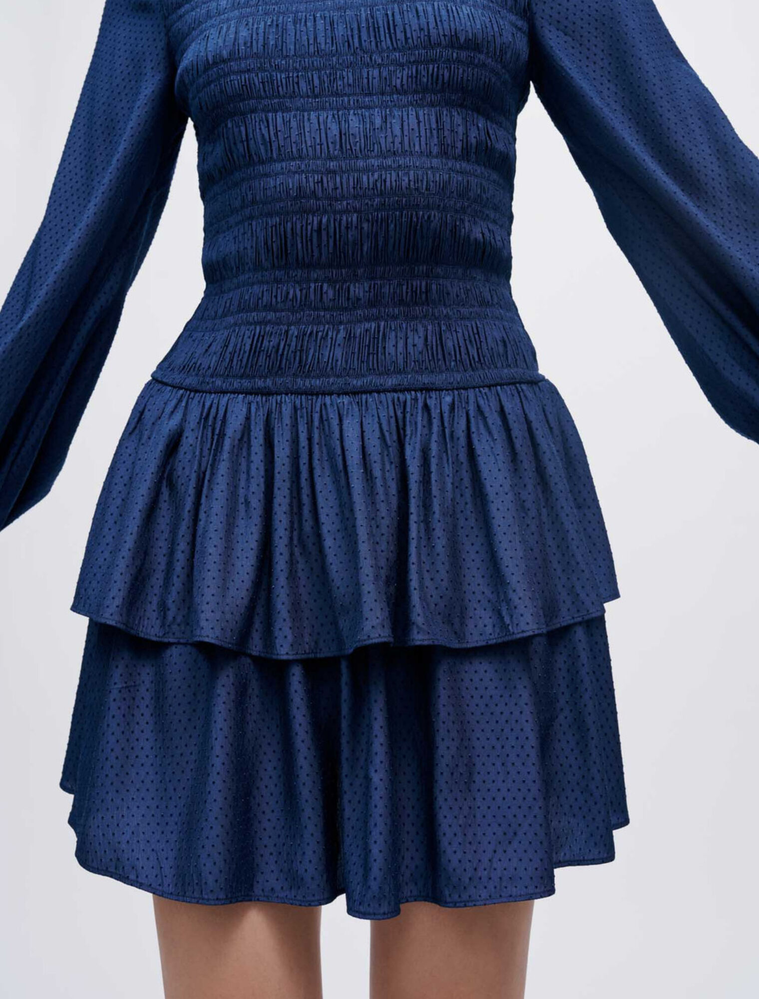 Flounced satin smocked dress