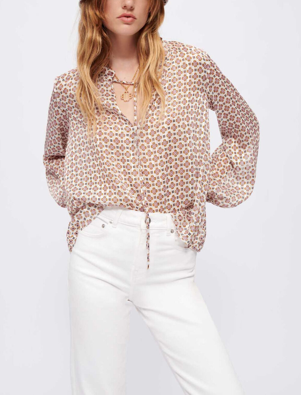 Flowing printed jacquard top