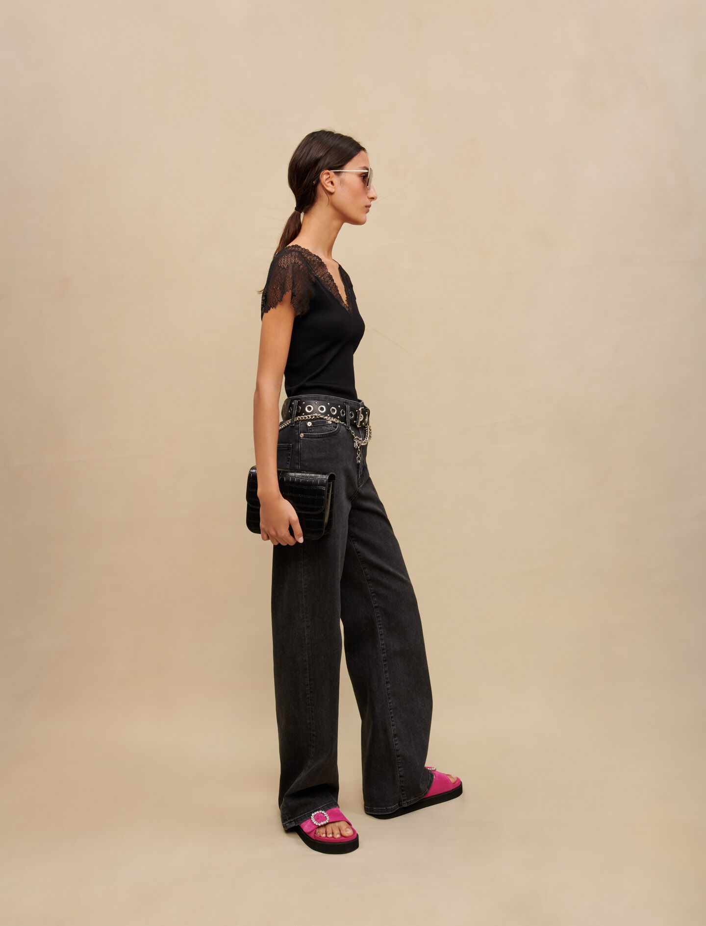 Jersey top with lace trim Black / Gray For Women | Maje