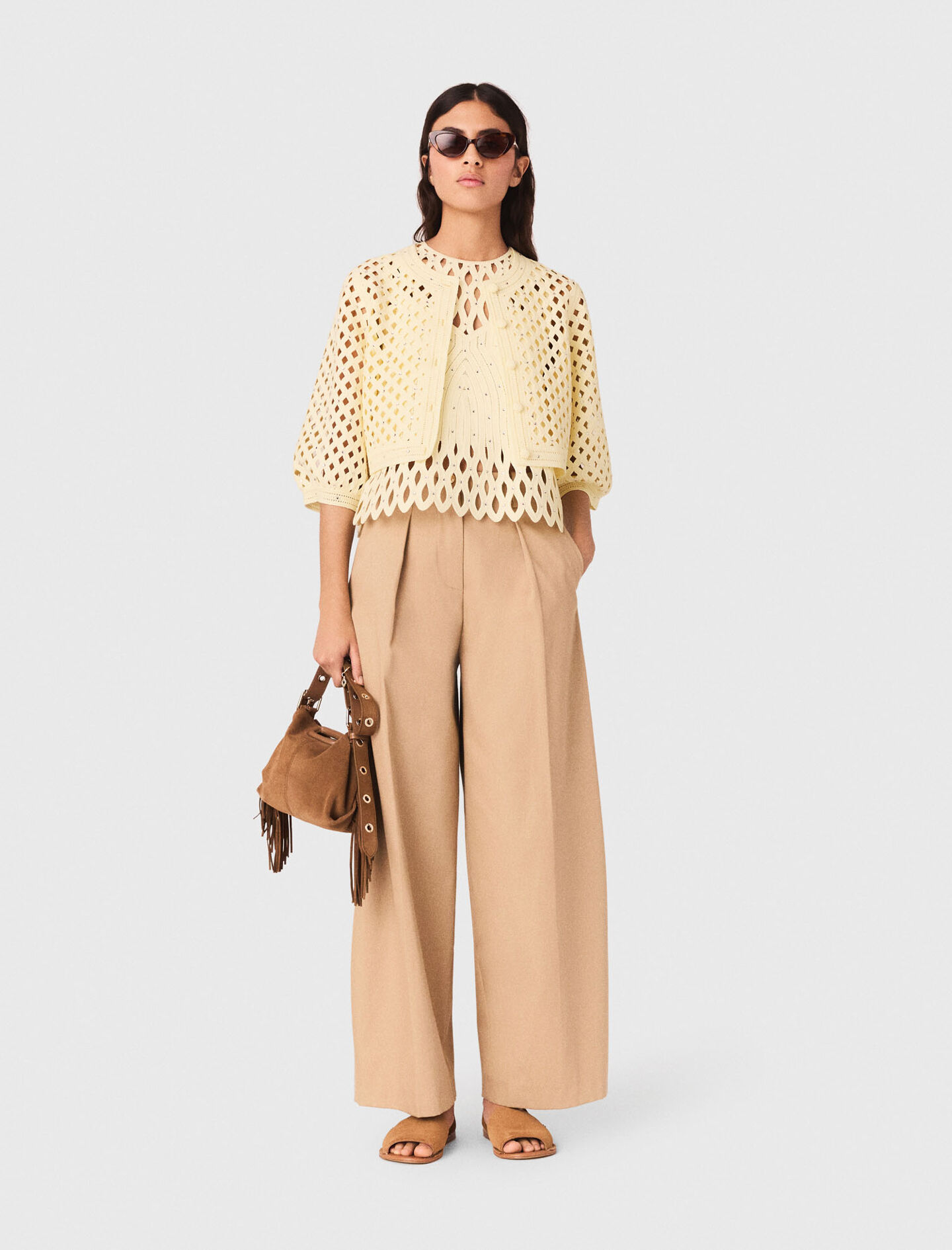 Crochet Rhinestone Cardigan Yellow / Orange For Women | Maje