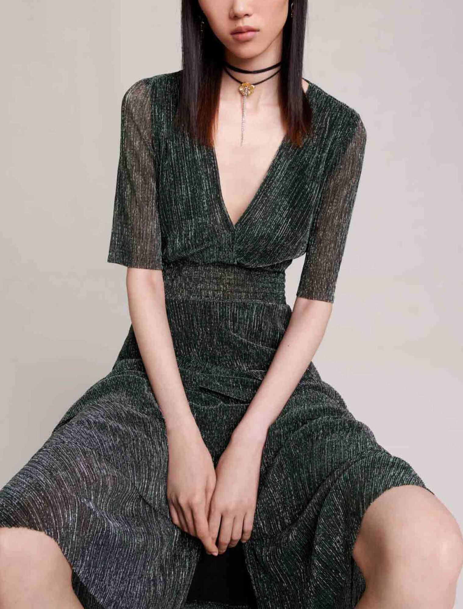 Metallic fiber dress with ruffles