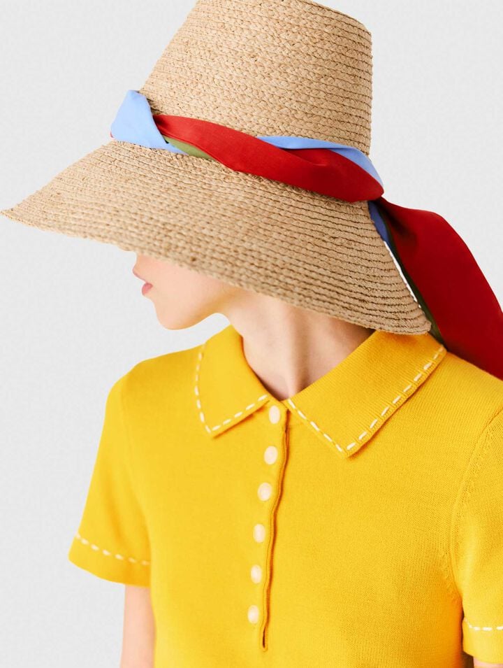 Raffia hat with printed ribbon
