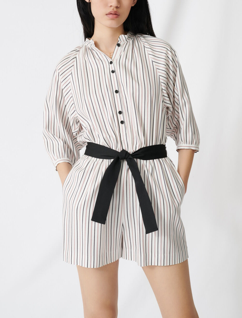 Belted jumpsuit with fine stripes