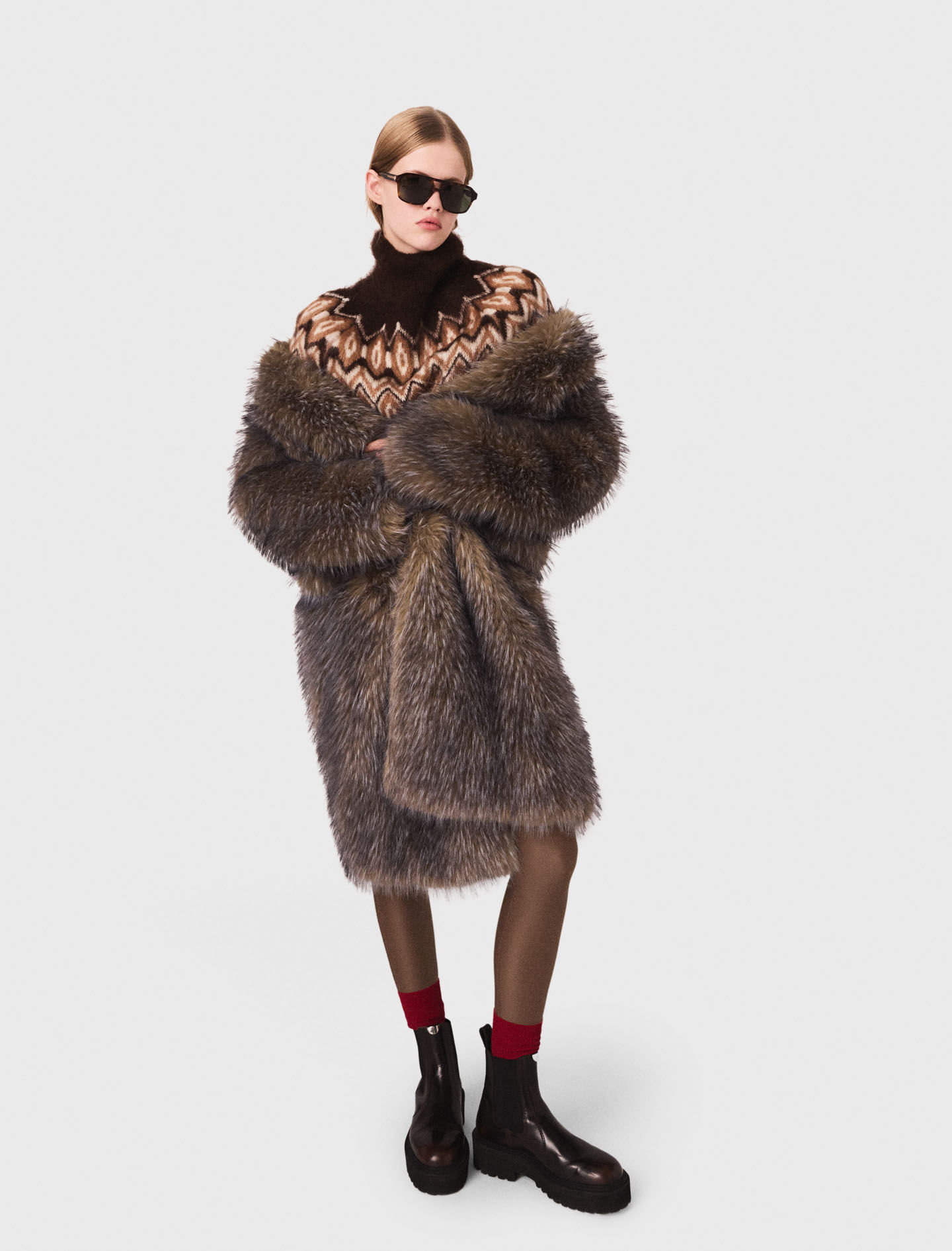 Long faux fur coat Black / Gray For Women | Maje