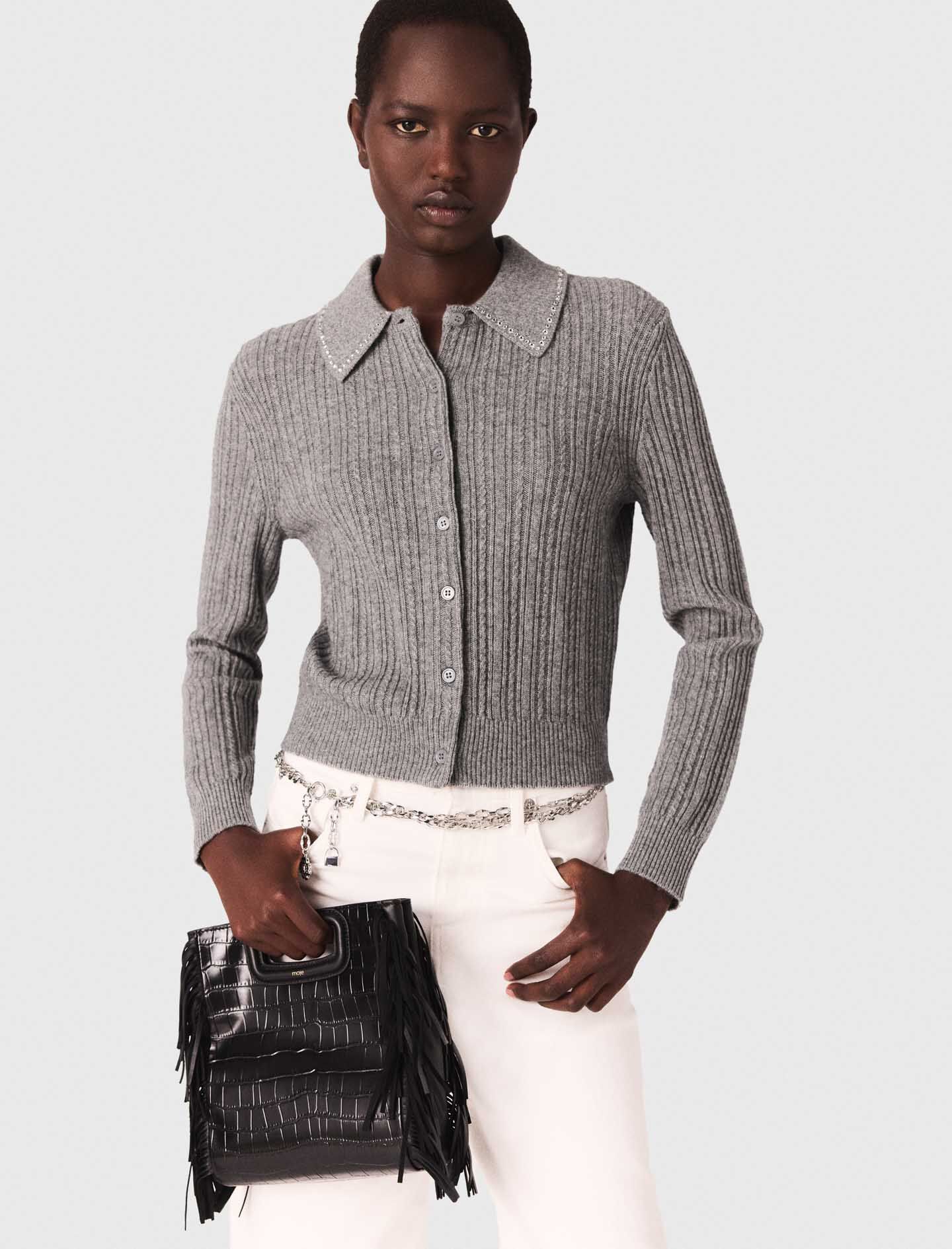 Rhinestone collar cardigan Black / Gray For Women | Maje