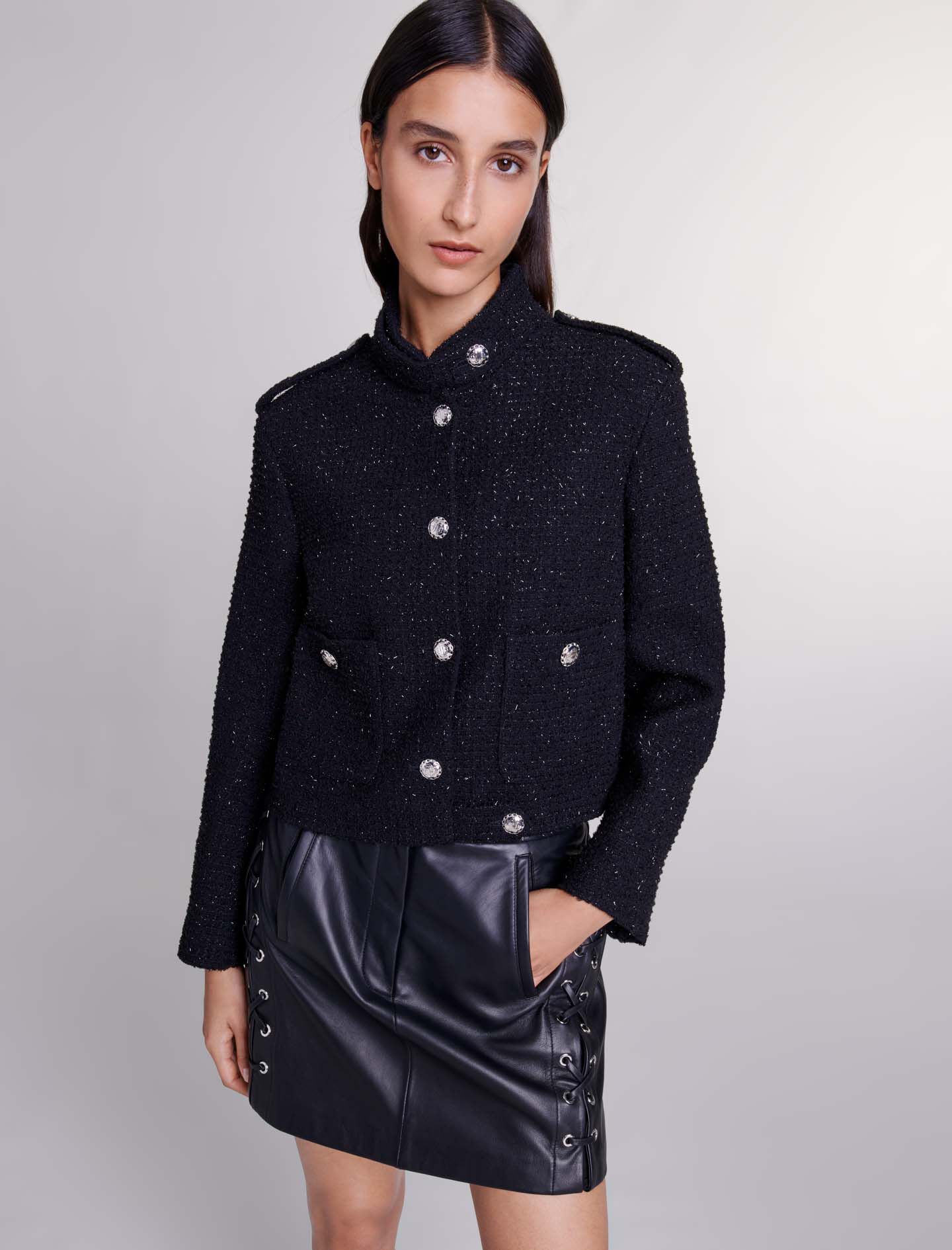 Belted shiny tweed jacket Black / Gray For Women | Maje