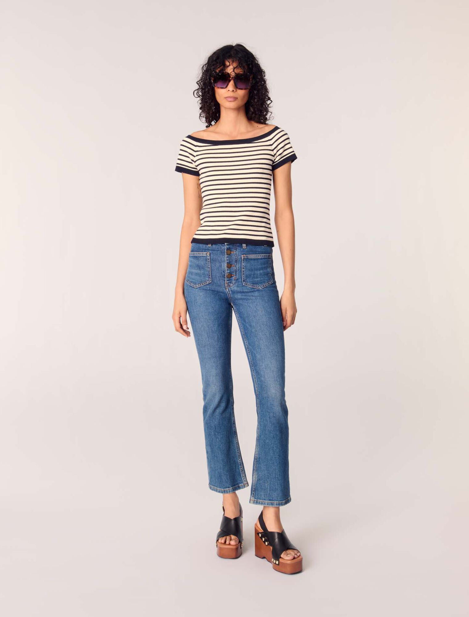Rib knit short sleeve boat neck top