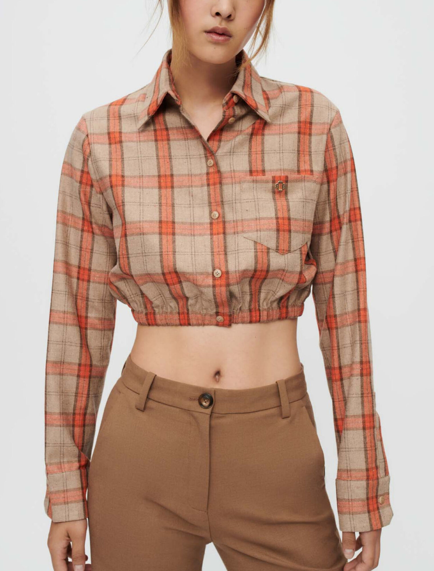 Camel and orange plaid crop shirt
