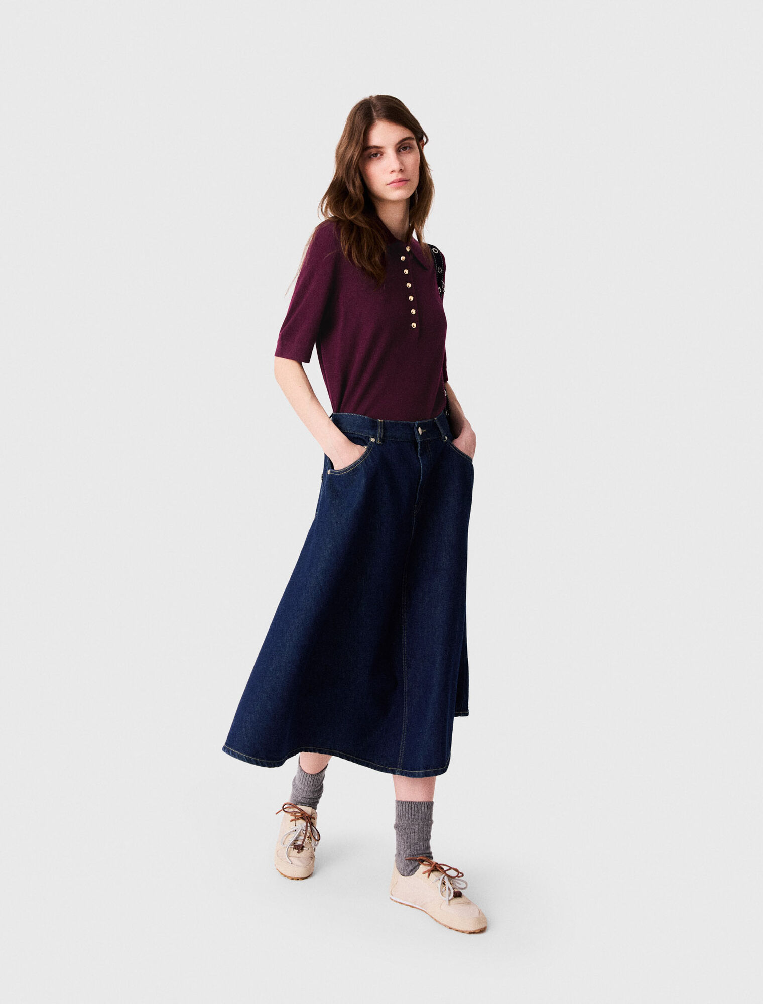 Mid-length flared denim skirt