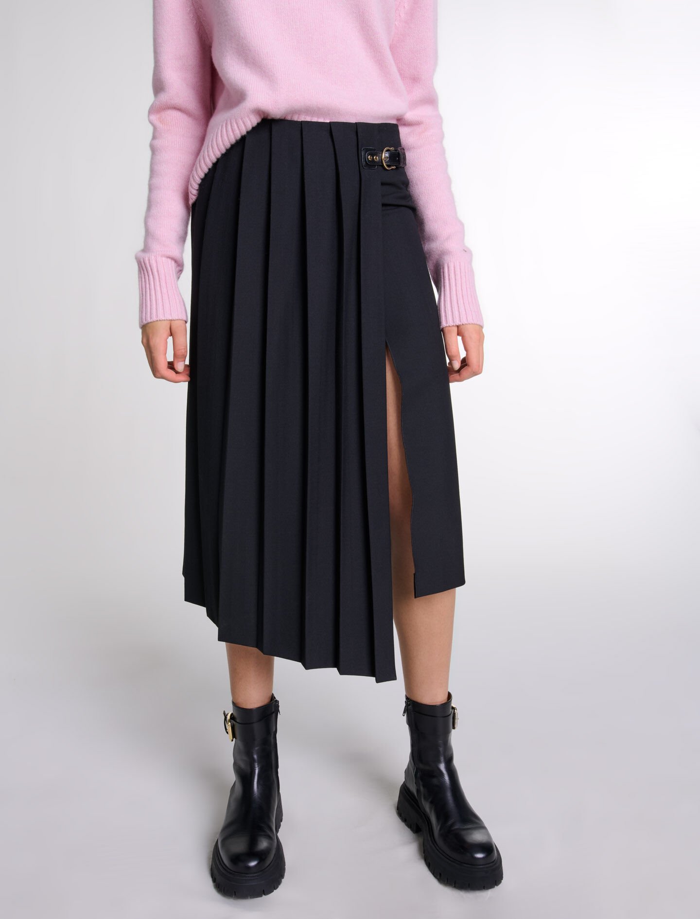 Asymmetrical long pleated skirt Black / Gray For Women | Maje
