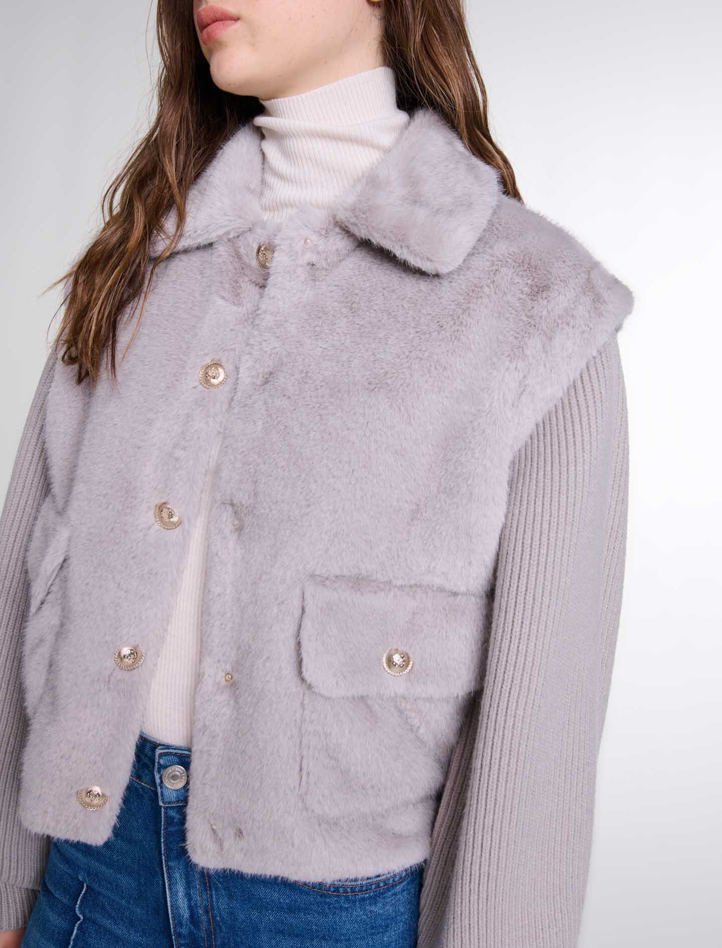 Dual-material faux fur jacket Black / Gray For Women | Maje
