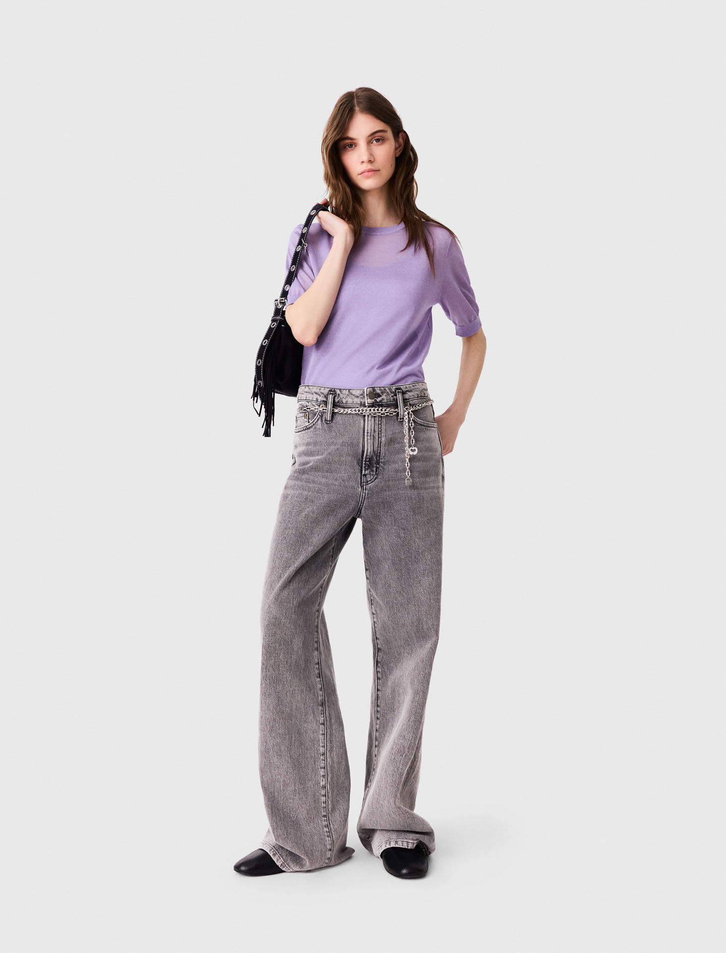 Wide-leg jeans with chain-link belt Black / Gray For Women | Maje