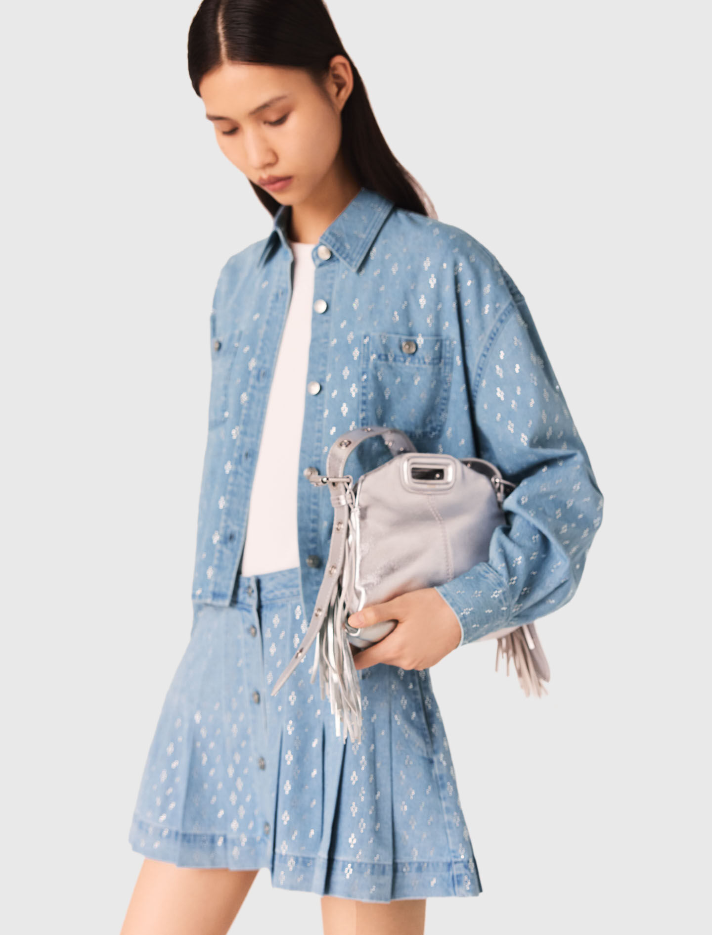 Short rhinestone denim shirt Blue For Women | Maje