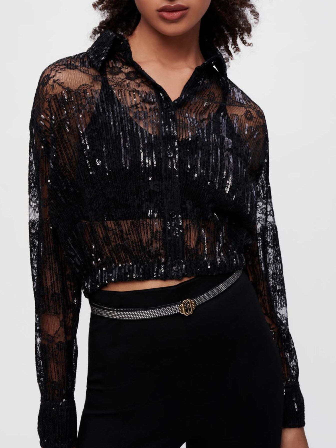Pleated lace cropped shirt