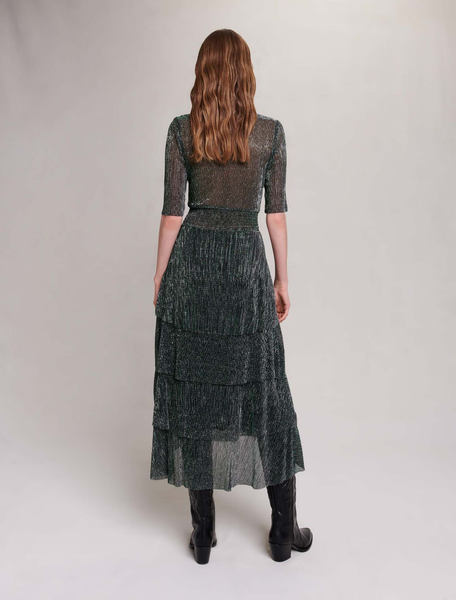 Stretch lurex fabric dress with ruffles